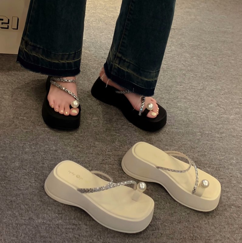 画像5: Thick-soled thong rhinestone strap & pearl sandal slippers　ラインストーンストラップ&パールプラットフォーム厚底サンダルスリッパ (5)