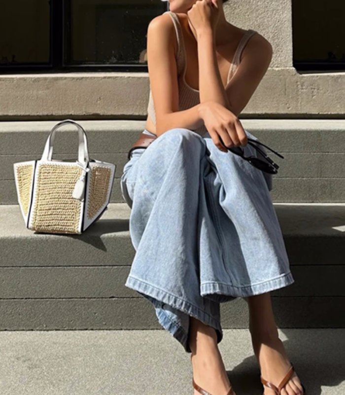 画像5: Stitched leather piping straw basket tote shoulder bag Basket Bag　 ステッチレザーパイピングストローかご籠トートショルダーバッグバスケットバッグ (5)