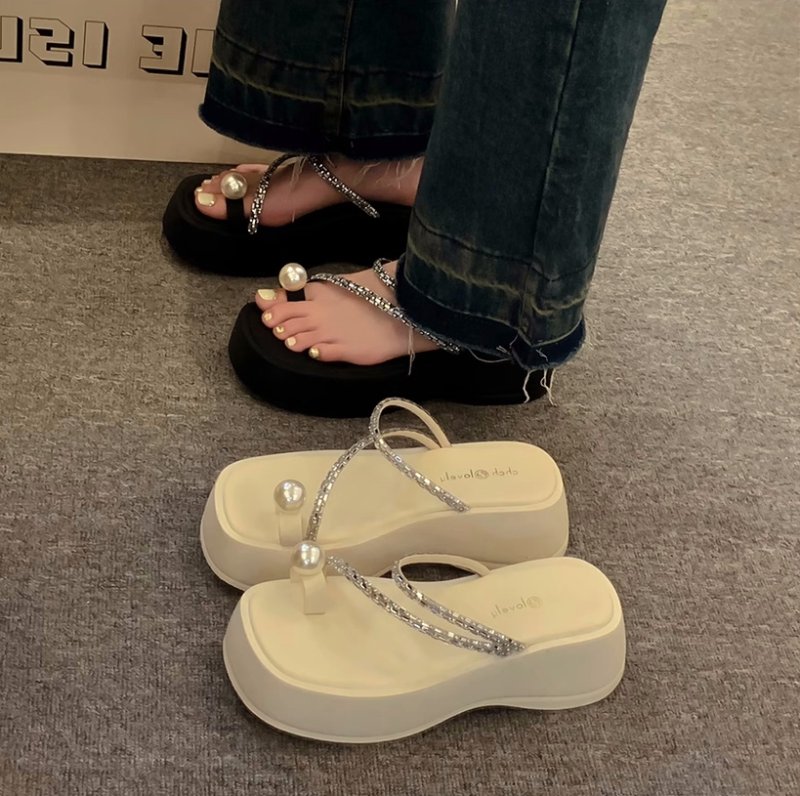 画像7: Thick-soled thong rhinestone strap & pearl sandal slippers　ラインストーンストラップ&パールプラットフォーム厚底サンダルスリッパ (7)