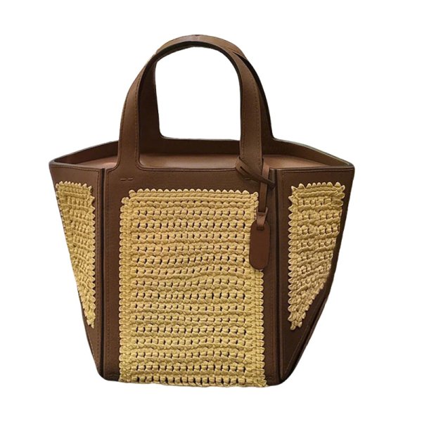 画像1: Stitched leather piping straw basket tote shoulder bag Basket Bag　 ステッチレザーパイピングストローかご籠トートショルダーバッグバスケットバッグ (1)