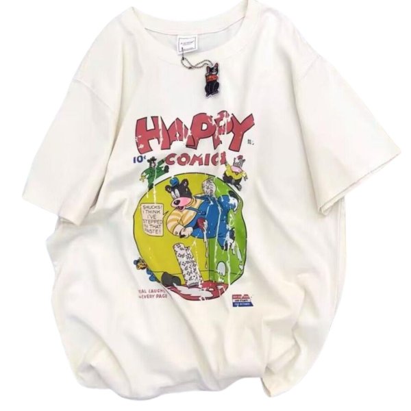 画像1: unisex Happy American Comic Print Short Sleeve T-Shirt  　ハッピーアメリカンコミックビンテージスタイルプリント半袖ラウンドネック Tシャツ ユニセックス 男女兼用 (1)