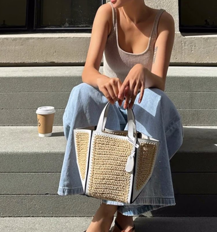 画像6: Stitched leather piping straw basket tote shoulder bag Basket Bag　 ステッチレザーパイピングストローかご籠トートショルダーバッグバスケットバッグ (6)