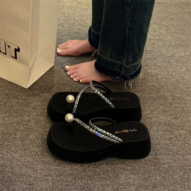 画像4: Thick-soled thong rhinestone strap & pearl sandal slippers　ラインストーンストラップ&パールプラットフォーム厚底サンダルスリッパ (4)