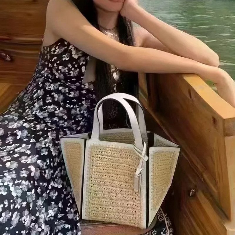 画像4: Stitched leather piping straw basket tote shoulder bag Basket Bag　 ステッチレザーパイピングストローかご籠トートショルダーバッグバスケットバッグ (4)