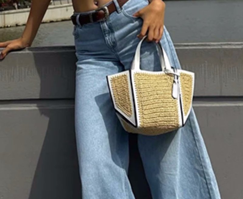 画像7: Stitched leather piping straw basket tote shoulder bag Basket Bag　 ステッチレザーパイピングストローかご籠トートショルダーバッグバスケットバッグ (7)