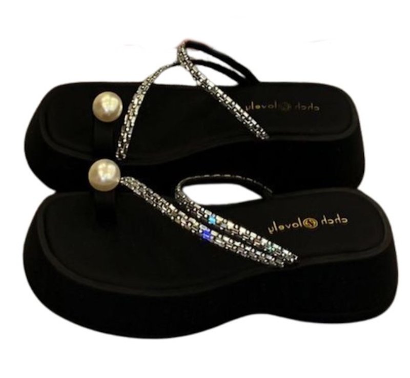 画像2: Thick-soled thong rhinestone strap & pearl sandal slippers　ラインストーンストラップ&パールプラットフォーム厚底サンダルスリッパ (2)