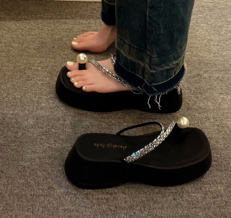 画像6: Thick-soled thong rhinestone strap & pearl sandal slippers　ラインストーンストラップ&パールプラットフォーム厚底サンダルスリッパ (6)