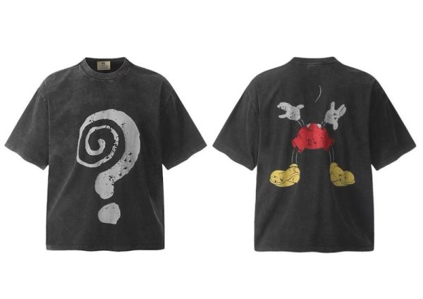 画像1: unisex American Cartoon Question Mark & ​​Mickey Mouse Destruction Print  T-Shirt  ヴィンテージスタイクエスチョンマーク＆ミッキーマウスデストラクションプリント アメリカンコミックプリント半袖ラウンドネック Tシャツ ユニセックス 男女兼用 (1)