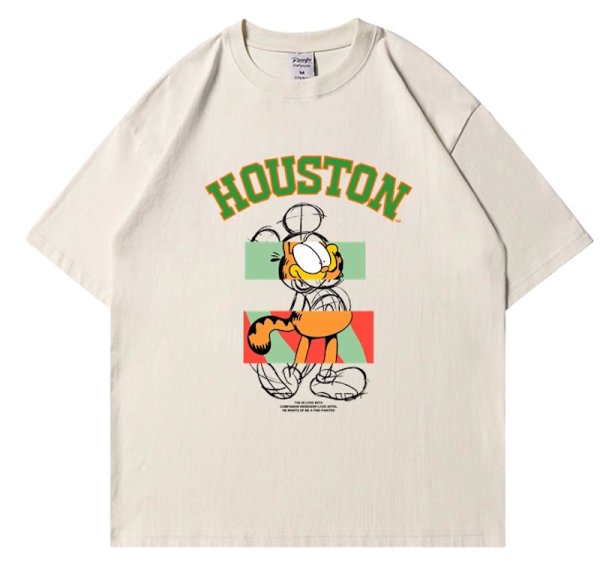画像1: unisex houston garfield print  T-shirt  ヒューストンガーフィールドプリント 半袖ラウンドネック Tシャツ ユニセックス 男女兼用 (1)