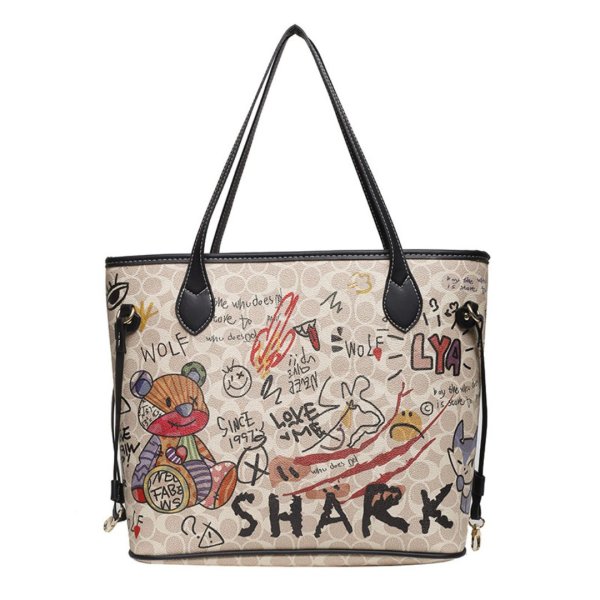 画像1: Bear graphic paint drawstring EMO graffiti signature painting tote bag ベア グラフィック ペイント シグネチャー 巾着トートショルダーバッグ (1)