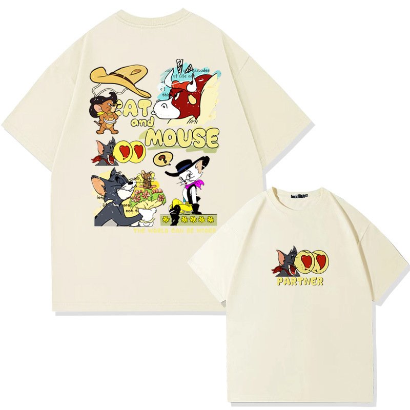 画像4: unisex American Retro Tom and Jerry  Print   T-shirt   　アメリカンレトロトムとジェリートム&ジェリープリント 半袖ラウンドネック Tシャツ ユニセックス 男女兼用 (4)
