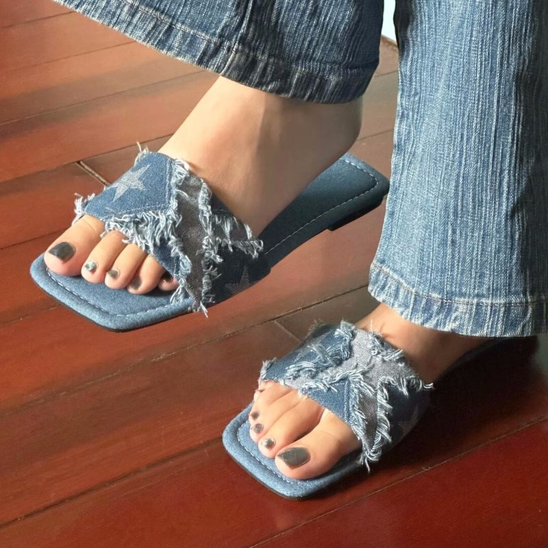 画像4: Denim star distressed flat sandals slippers　デニムスターダメージフラットサンダルスリッパ　 (4)