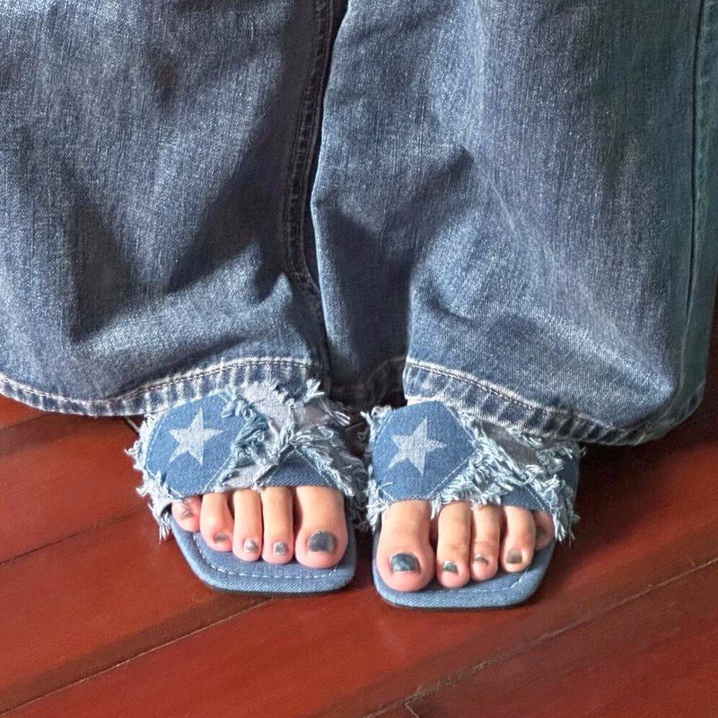 画像5: Denim star distressed flat sandals slippers　デニムスターダメージフラットサンダルスリッパ　 (5)