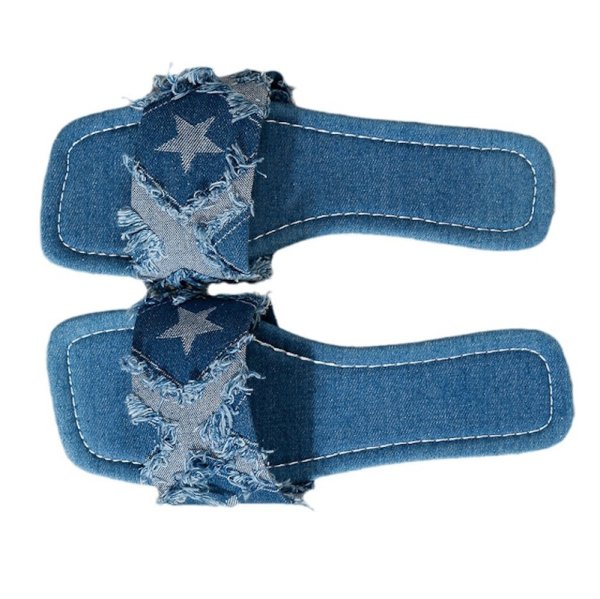 画像1: Denim star distressed flat sandals slippers　デニムスターダメージフラットサンダルスリッパ　 (1)