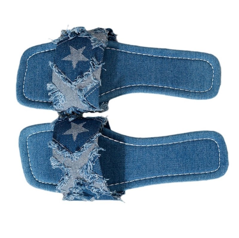 画像1: Denim star distressed flat sandals slippers　デニムスターダメージフラットサンダルスリッパ　 (1)