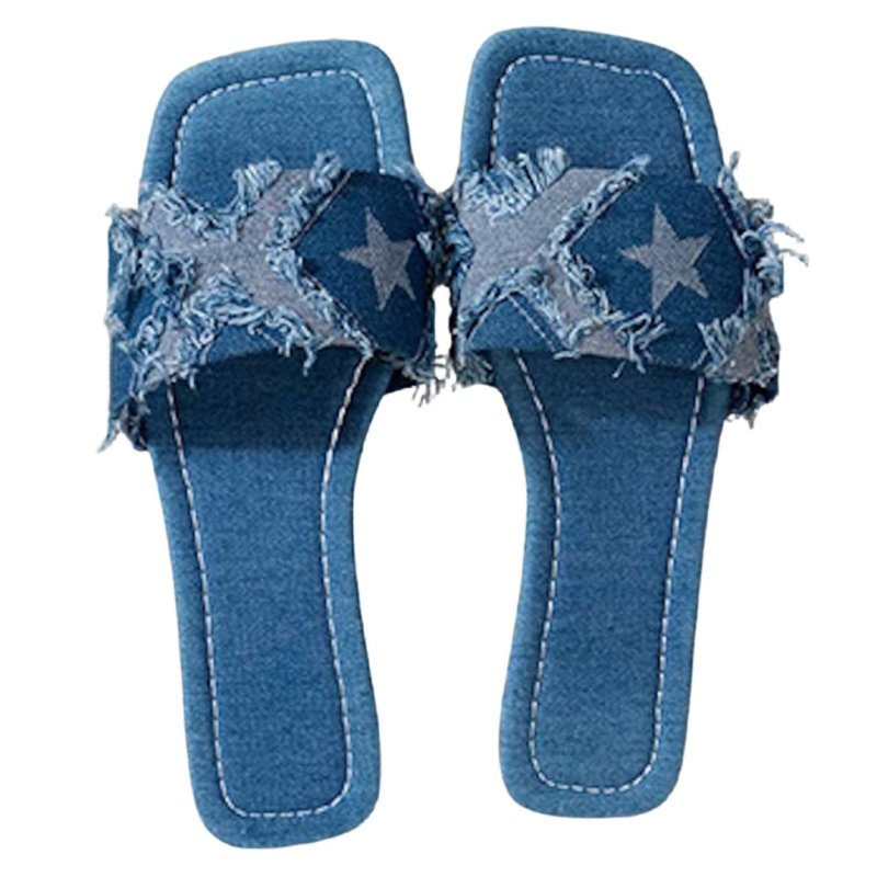 画像2: Denim star distressed flat sandals slippers　デニムスターダメージフラットサンダルスリッパ　 (2)