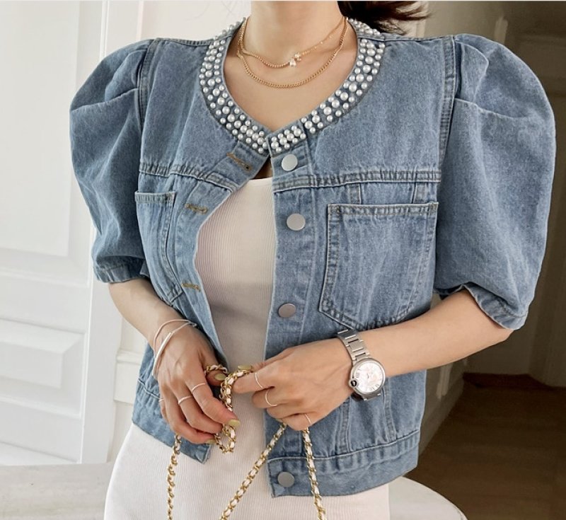 画像3: Women's Puff gathered sleeve pearl denim jacket outer 　パフギャザースリーブパール付き デニムジャケットジャケットアウター (3)
