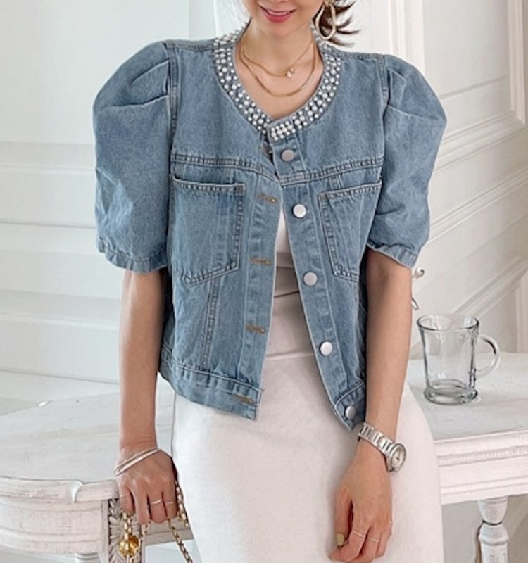 画像2: Women's Puff gathered sleeve pearl denim jacket outer 　パフギャザースリーブパール付き デニムジャケットジャケットアウター (2)