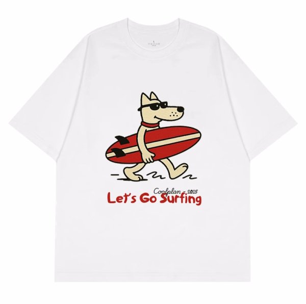 画像1: unisex Let's go surfing dog print  T-shirt   サーフィンドッグプリント 半袖ラウンドネック Tシャツ ユニセックス 男女兼用 (1)