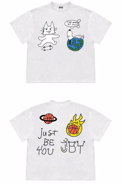 画像1: unisex JUST BE YOU Snoopy & Skateboard Cat Graphic Print  T-shirt   　 JUST BE YOUスヌーピー＆スケボーキャット グラフィックプリント 半袖ラウンドネック Tシャツ ユニセックス 男女兼用 (1)