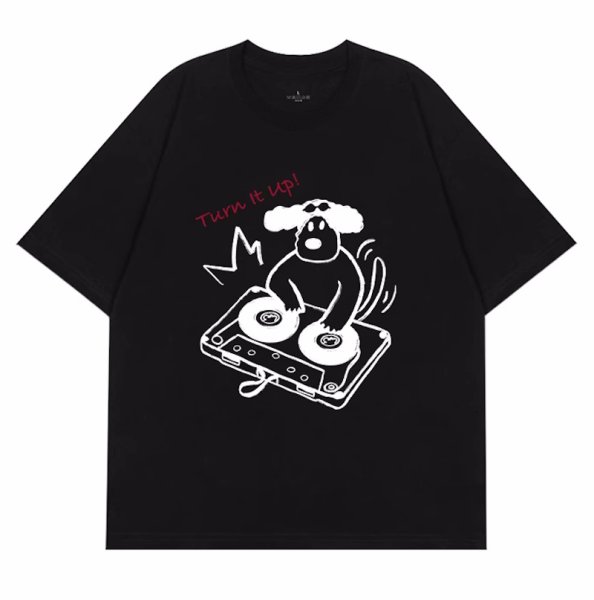 画像1: unisex DJ Dog dog print  T-shirt   DJドッグプリント 半袖ラウンドネック Tシャツ ユニセックス 男女兼用 (1)