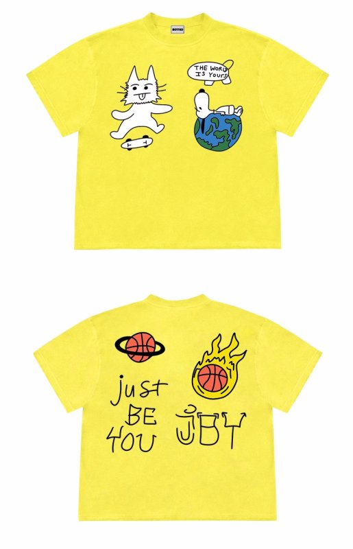 画像2: unisex JUST BE YOU Snoopy & Skateboard Cat Graphic Print  T-shirt   　 JUST BE YOUスヌーピー＆スケボーキャット グラフィックプリント 半袖ラウンドネック Tシャツ ユニセックス 男女兼用 (2)