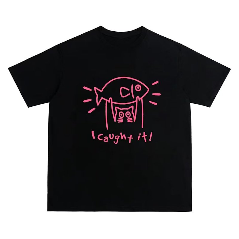 画像2: unisex i caught it cat Print T-shirt   i caught it キャット猫プリント 半袖ラウンドネック Tシャツ ユニセックス 男女兼用 (2)