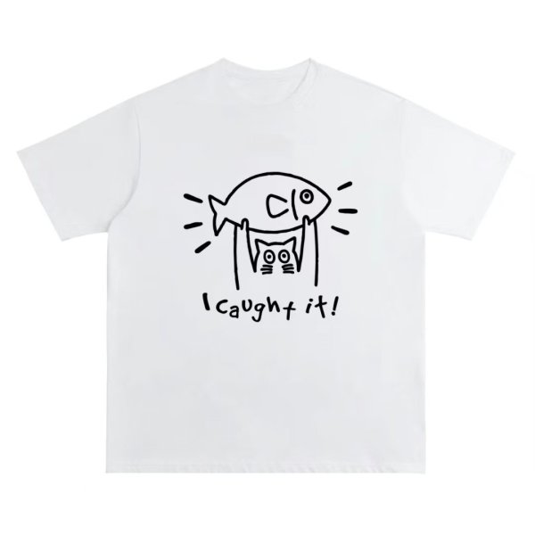画像1: unisex i caught it cat Print T-shirt   i caught it キャット猫プリント 半袖ラウンドネック Tシャツ ユニセックス 男女兼用 (1)