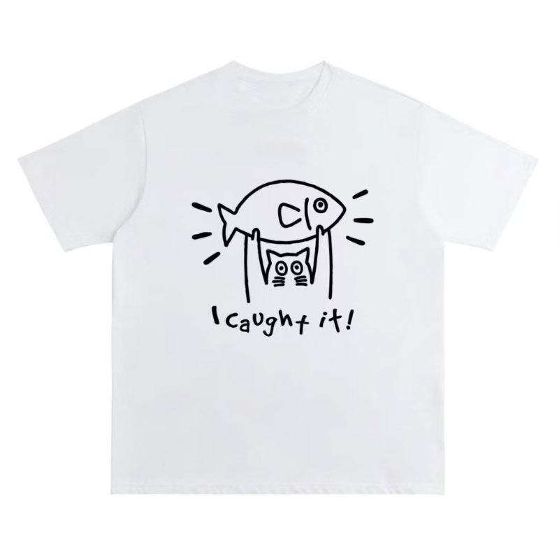 画像1: unisex i caught it cat Print T-shirt   i caught it キャット猫プリント 半袖ラウンドネック Tシャツ ユニセックス 男女兼用 (1)