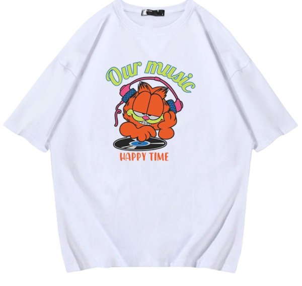 画像1: unisex  DJ Garfield Print   T-shirt  DJガーフィールドプリント 半袖ラウンドネック Tシャツ ユニセックス 男女兼用 (1)