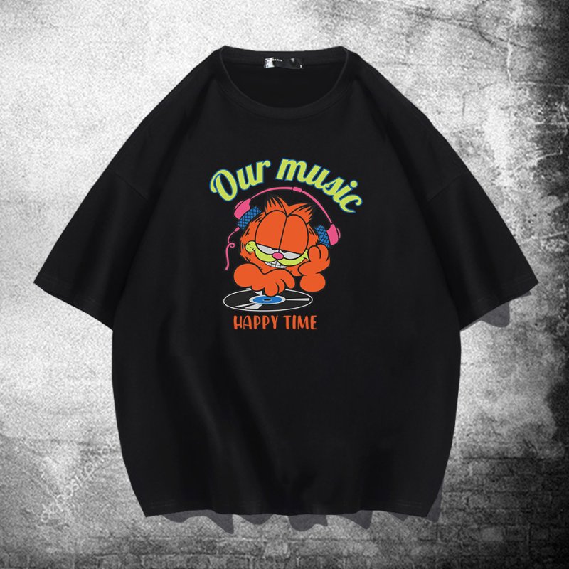 画像2: unisex  DJ Garfield Print   T-shirt  DJガーフィールドプリント 半袖ラウンドネック Tシャツ ユニセックス 男女兼用 (2)