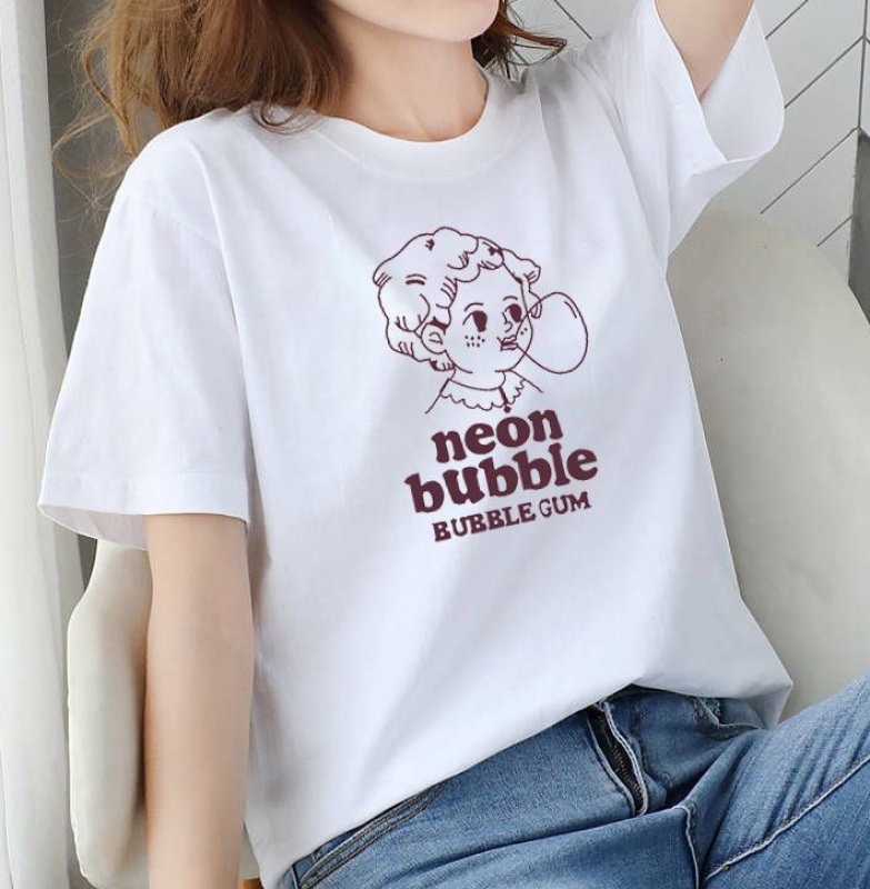 画像2: Nostalgic Girl Neon BUBBLE BUBBLE GUM Print  T-shirt   ノスタルジックガールNeon BUBBLEネオンバブル バブルガムプリント 半袖ラウンドネック Tシャツ ユニセックス 男女兼用 (2)
