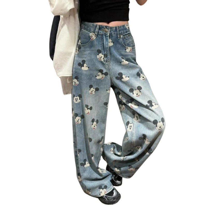画像2: Unisex Mickey Graffiti Pint Denim Pants loose straight wide leg jeans 男女兼用 ユニセックス ワイドパンツ ワイドレッグ ミッキー総柄 デニム パンツ (2)