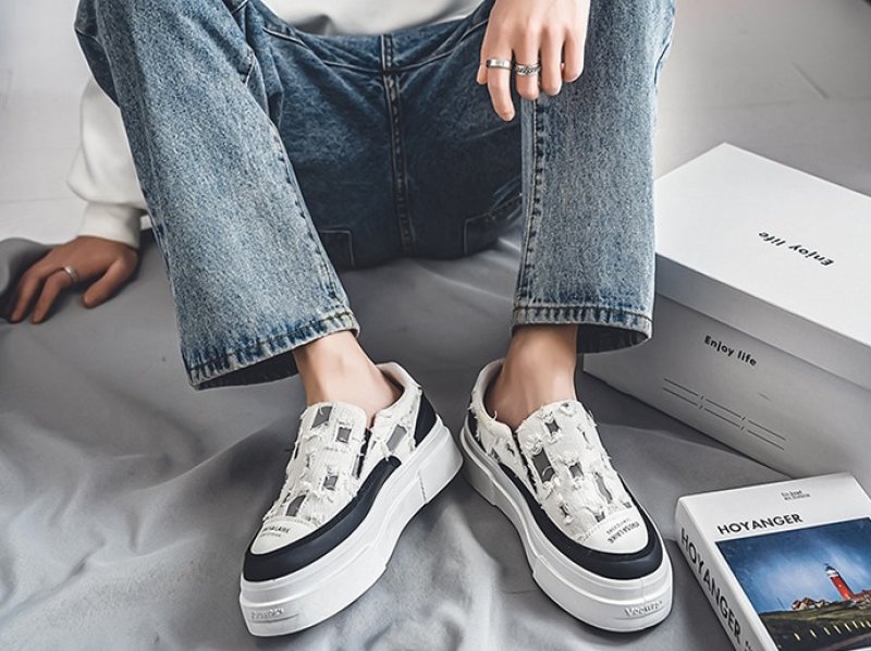 画像7: Distressed canvas platform sneakers, slip-ons Shoes　ユニセックス 男女兼用ダメージキャンバス厚底スニーカースリッポン (7)