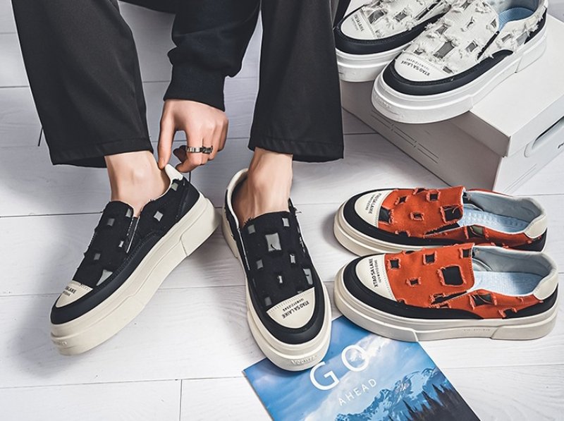 画像10: Distressed canvas platform sneakers, slip-ons Shoes　ユニセックス 男女兼用ダメージキャンバス厚底スニーカースリッポン (10)