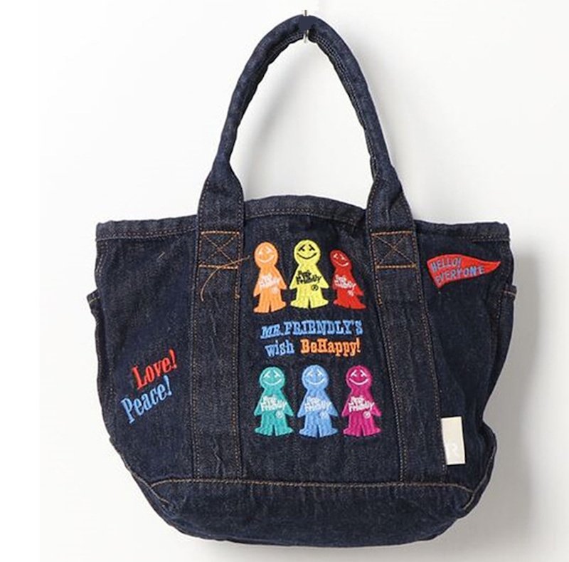画像3: Unisex Mr. Friendly Embroidered Denim Tote Shoulder Bag　ユニセックス男女兼用ミスターフレンドリー刺繍デニムトートショルダーバッグ (3)