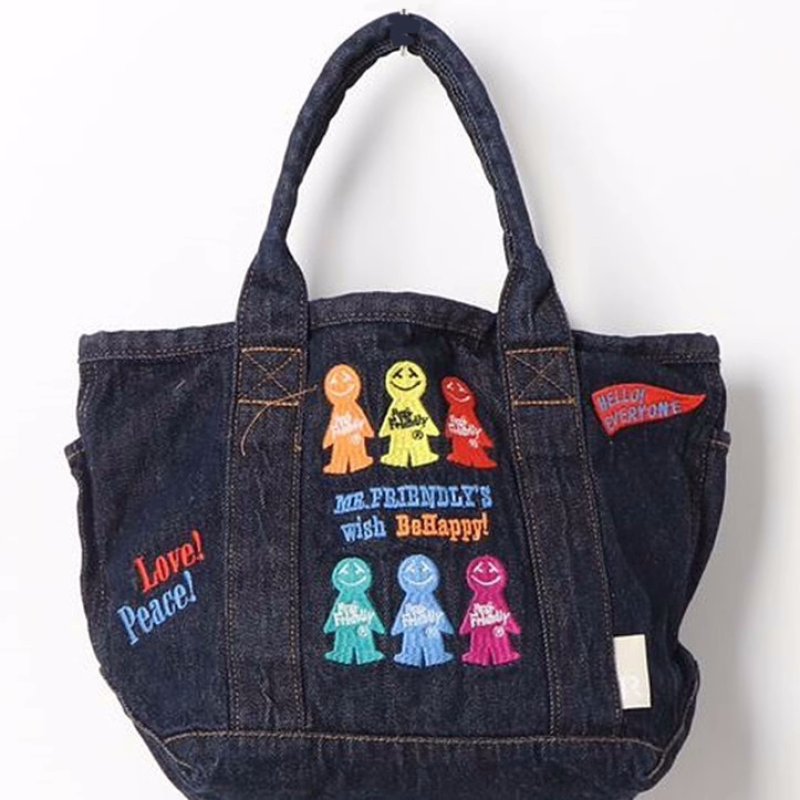 画像9: Unisex Mr. Friendly Embroidered Denim Tote Shoulder Bag　ユニセックス男女兼用ミスターフレンドリー刺繍デニムトートショルダーバッグ (9)