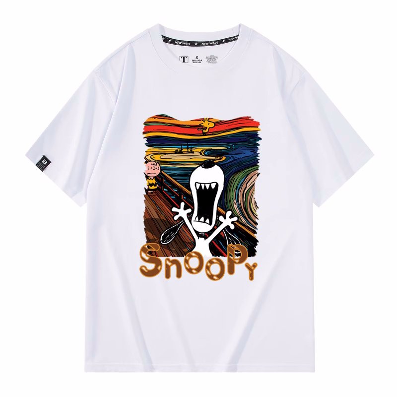 画像2: unisex Snoopy's cry  Print T-shirt   　スヌーピーの叫びプリント  半袖ラウンドネック Tシャツ ユニセックス 男女兼用 　  (2)