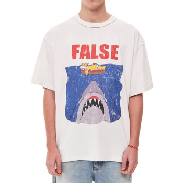 画像1: unisex FALSE Shark x Nap Homer Simpson Vintage Style Print T-shirt   　FALSEフォルスサメ×お昼寝ホーマーシンプソンビンテージスタイルプリント  半袖ラウンドネック Tシャツ ユニセックス 男女兼用 　  (1)