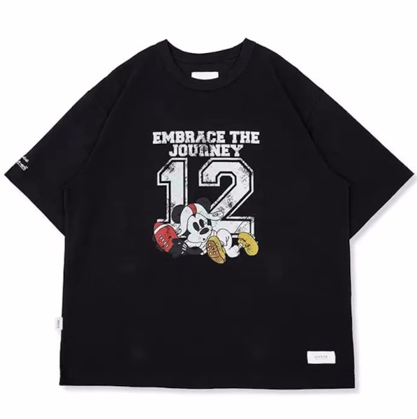 画像1: unisex Vintage Style Number 12 & Mickey Mouse Print T-shirt   　ミッキーマウス&NO12プリント ビンテージスタイル 半袖ラウンドネック Tシャツ ユニセックス 男女兼用 　  (1)