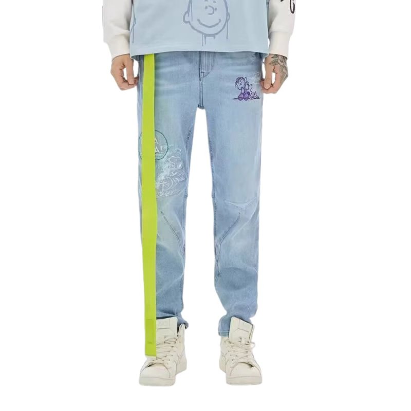 画像1: Unisex Vintage Wash Snoopy Graffiti Paint Damage retro denim Jeans レトロ 古着風 ヴィンテージ ダメージ 加工 ペイント スヌーピー デニムパンツ ジーンズ (1)