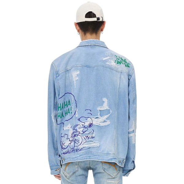 画像1: Unisex Vintage Wash Snoopy Graffiti Paint Damage retro denim jacket G-jean レトロ 古着風 ヴィンテージ ダメージ 加工 ペイント スヌーピー デニムジャケット Gジャン (1)