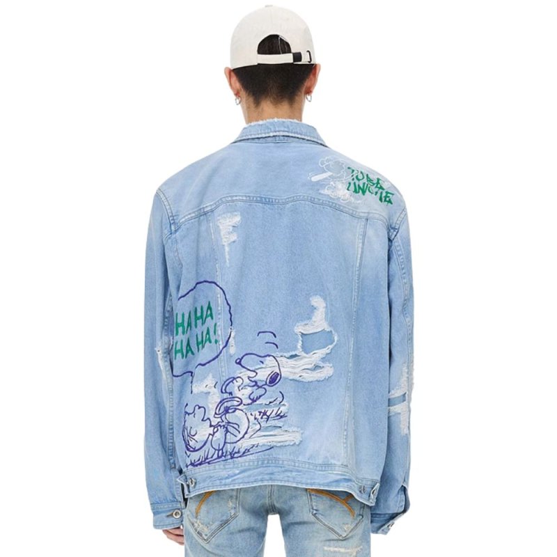 画像1: Unisex Vintage Wash Snoopy Graffiti Paint Damage retro denim jacket G-jean レトロ 古着風 ヴィンテージ ダメージ 加工 ペイント スヌーピー デニムジャケット Gジャン (1)