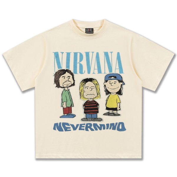画像1: Unisex  Vintage style Nirvana x Snoopy joint vintage stylePrint  T-Shirt  ニルヴァーナ ×スヌーピー ヴィンテージスタイル 古着風 ヴィンテージ風 プリント 半袖ラウンドネック Tシャツ ユニセックス 男女兼用 バンドT (1)