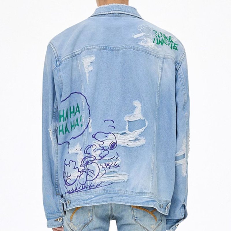 画像2: Unisex Vintage Wash Snoopy Graffiti Paint Damage retro denim jacket G-jean レトロ 古着風 ヴィンテージ ダメージ 加工 ペイント スヌーピー デニムジャケット Gジャン (2)