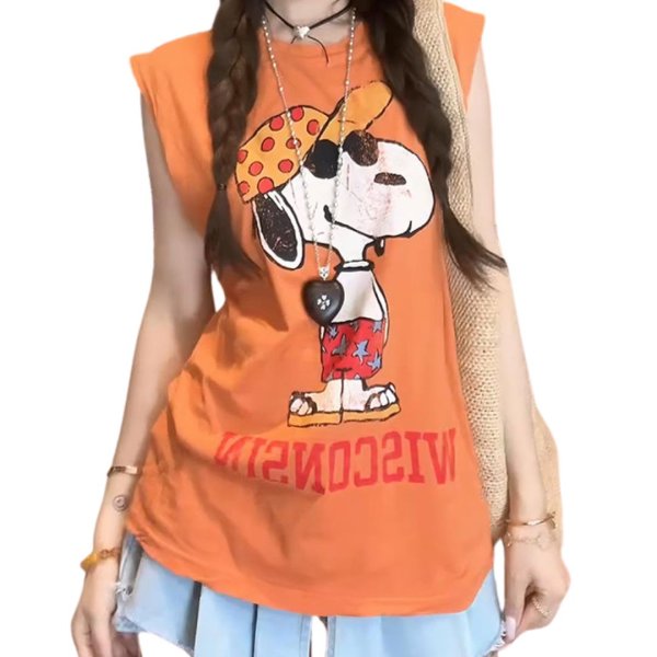 画像1: Snoopy Wisconsin print vintage style Tank T-shirt  スヌーピー ウィスコンシン 古着風 ビンテージスタイル ペイントタンクトップ Tシャツ (1)