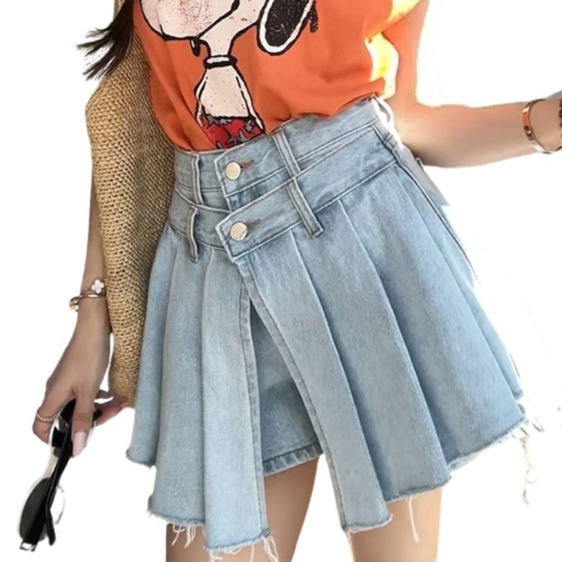 画像2: Y2K Denim Old Washed Layered Short Pants Pleated Skirt デニム ウォッシュド 重ね着風 プリーツ ミニスカート ショートパンツ (2)