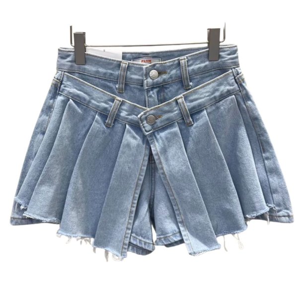 画像1: Y2K Denim Old Washed Layered Short Pants Pleated Skirt デニム ウォッシュド 重ね着風 プリーツ ミニスカート ショートパンツ (1)