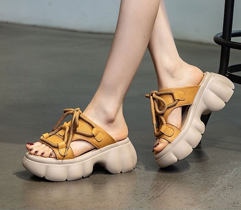 画像5: Leather lace-up platform sandals and slippers 　レザーレースアッププラットフォーム厚底サンダル　スリッパ (5)