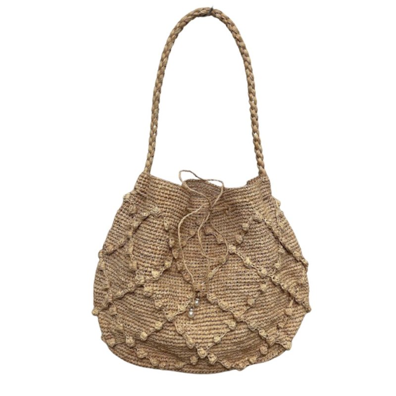画像1: Raffia Hook Flower Grass Woven Tote Shoulder Drawstring Bag　ラフィアフックフラワーグラス編みトートショルダー巾着かご 籠バッグ (1)